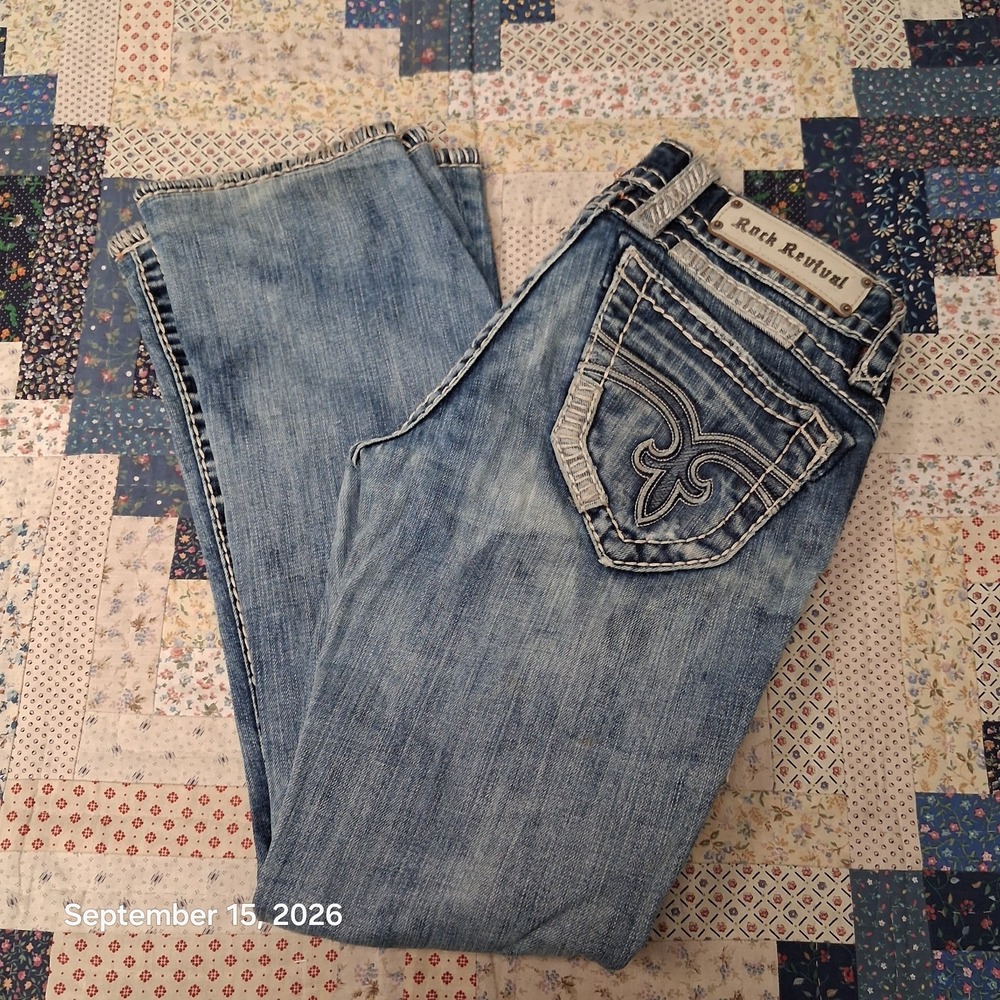 Rock Revival Amy Flare Jeans Womens 27 Buckle Fleur de lis Low Rise 28x27